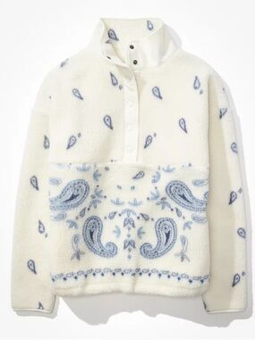 AE Cozy Fleece Paisley Bandana Quarter Snap Pullover Cream Blue